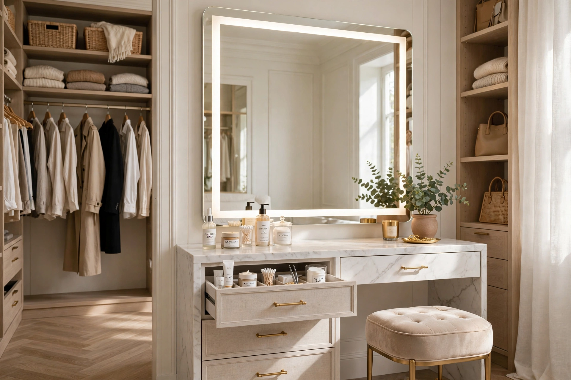 Walk-in closet vanity nook with lighted mirror, stool and skincare drawers