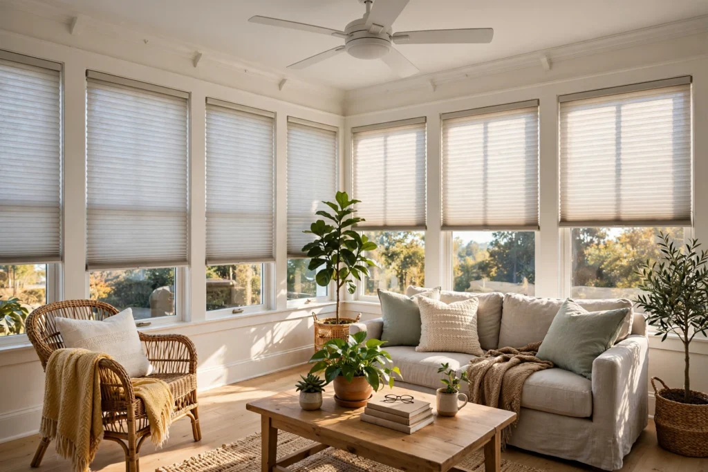 Sunroom with cellular shades and a ceiling fan managing bright afternoon sun