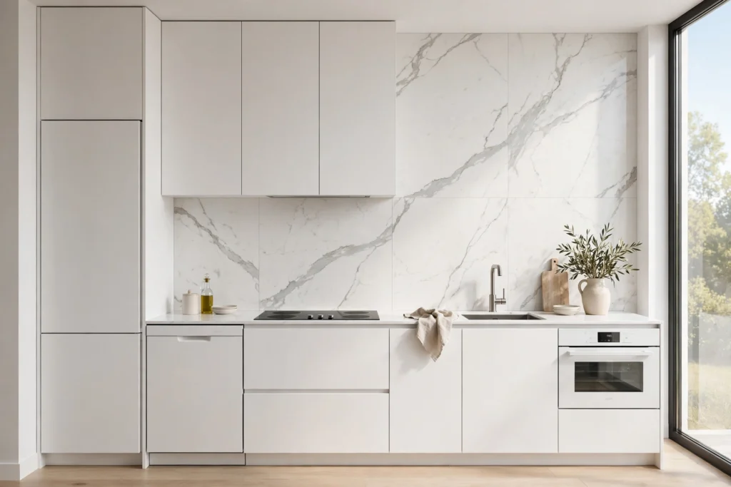 Kitchen backsplash ideas with large-format porcelain panels mimicking marble in a minimalist kitchen.