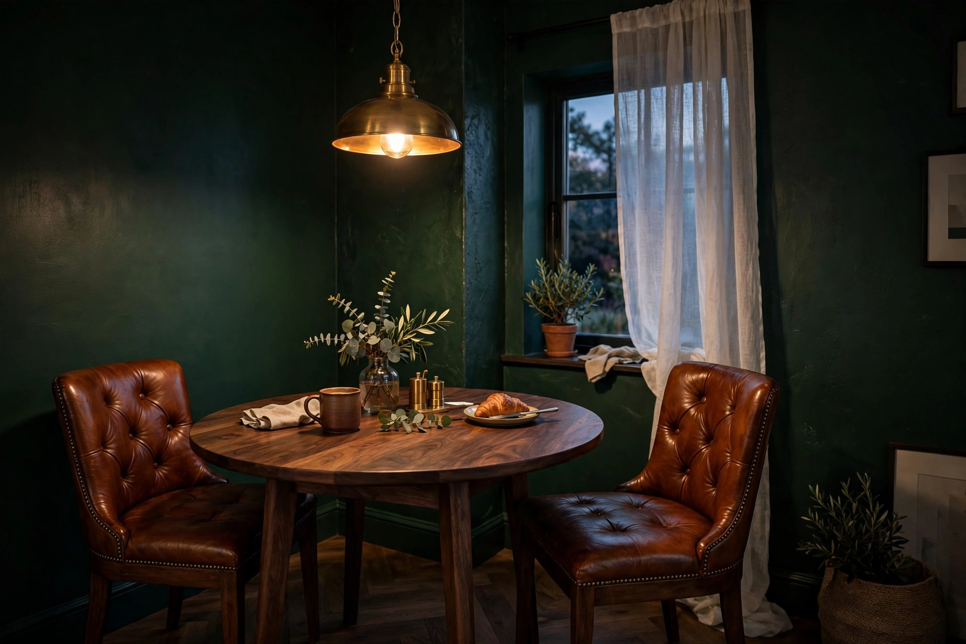 Breakfast nook ideas with deep green walls, brass pendant, and warm wood table.
