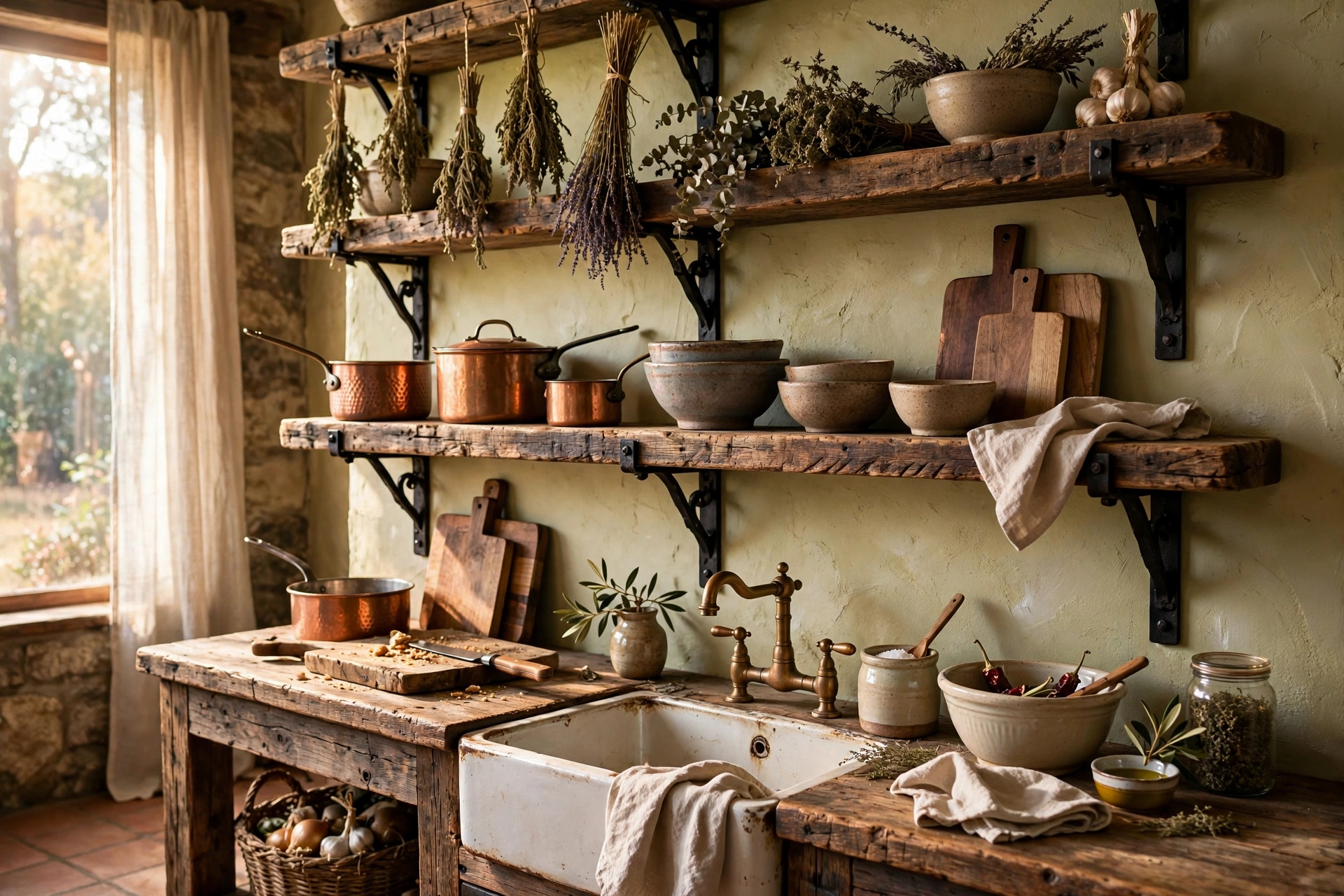 Open kitchen shelving ideas with thick reclaimed wood beam shelves and iron brackets.