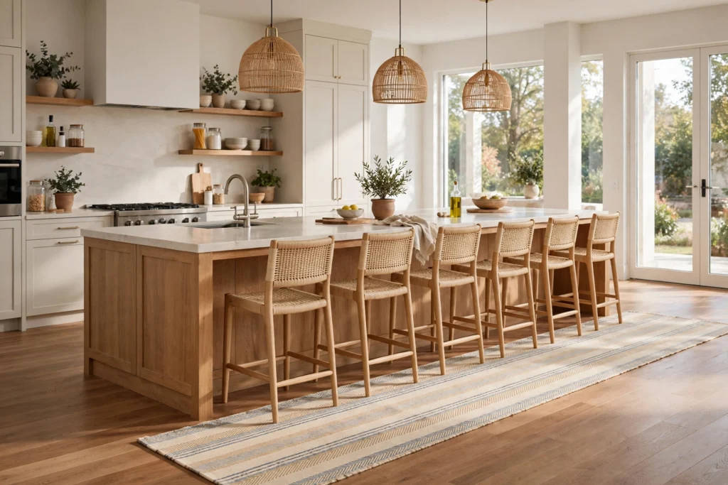 Kitchen rug ideas with a washable runner running the length of a kitchen island.