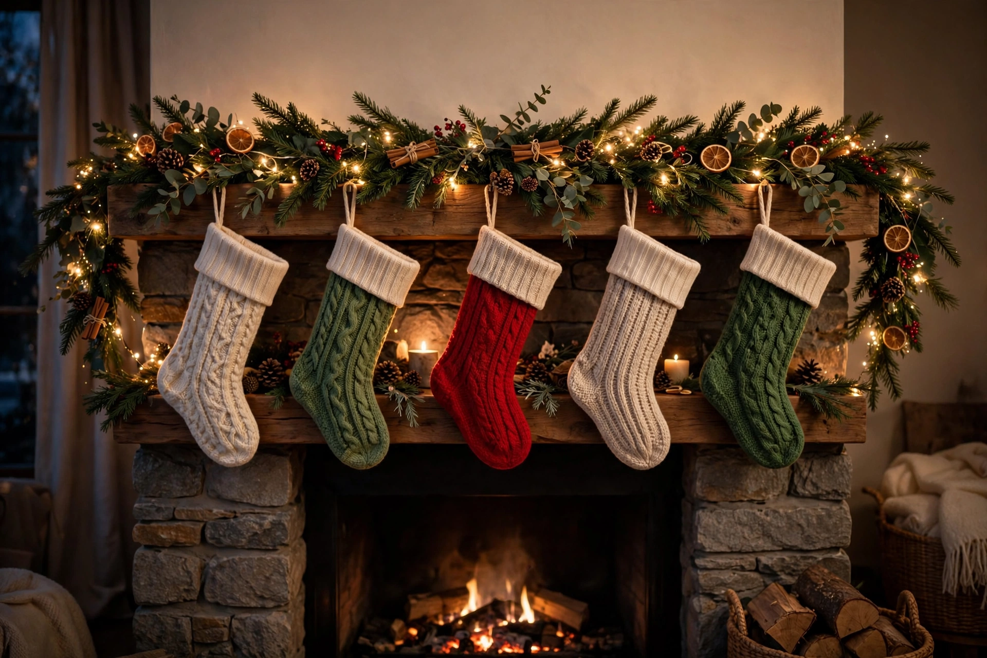Fireplace mantel decor ideas with hanging stockings and twinkle lights for Christmas.