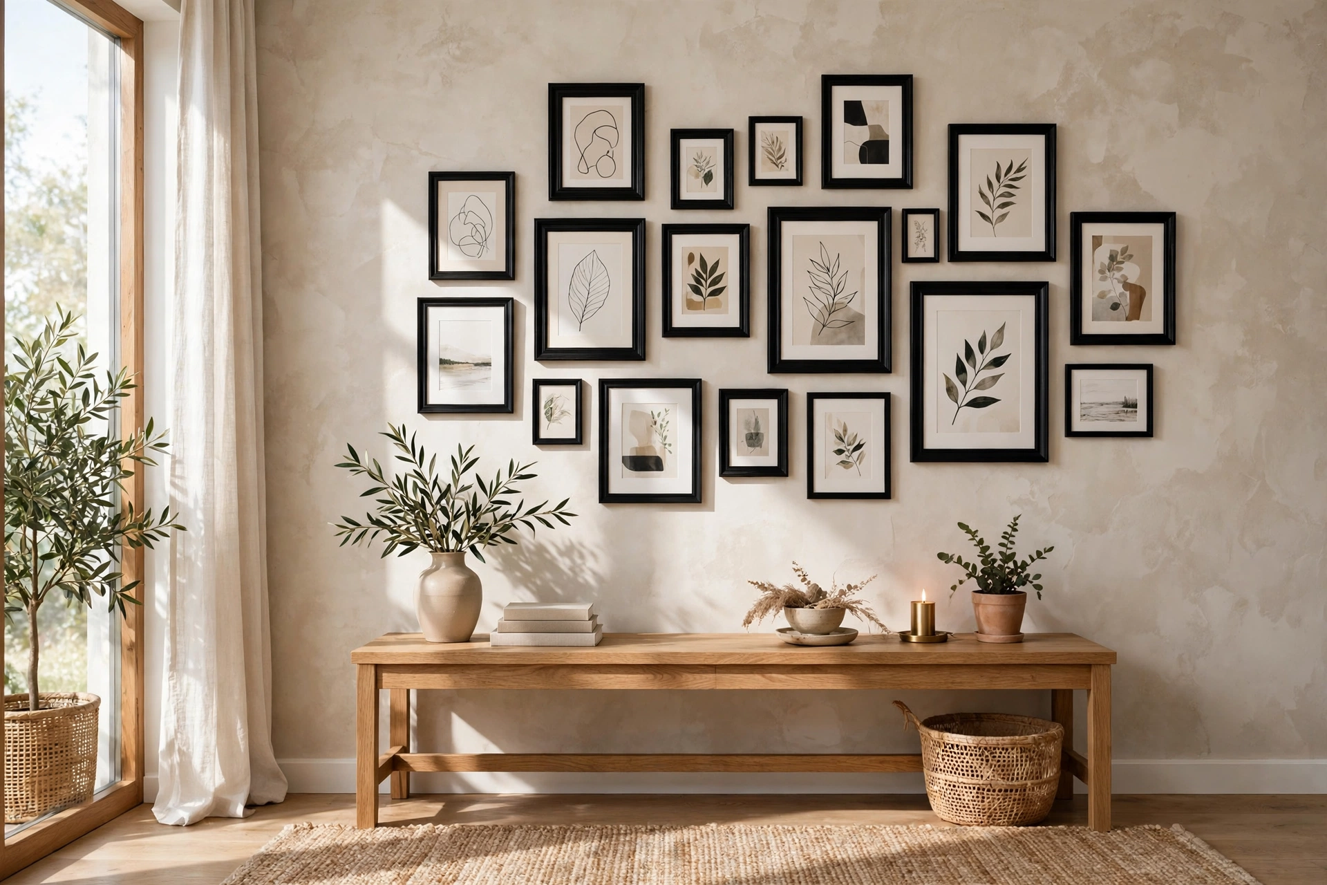 Living room accent wall ideas with a salon-style gallery wall of framed art above a low oak console table.