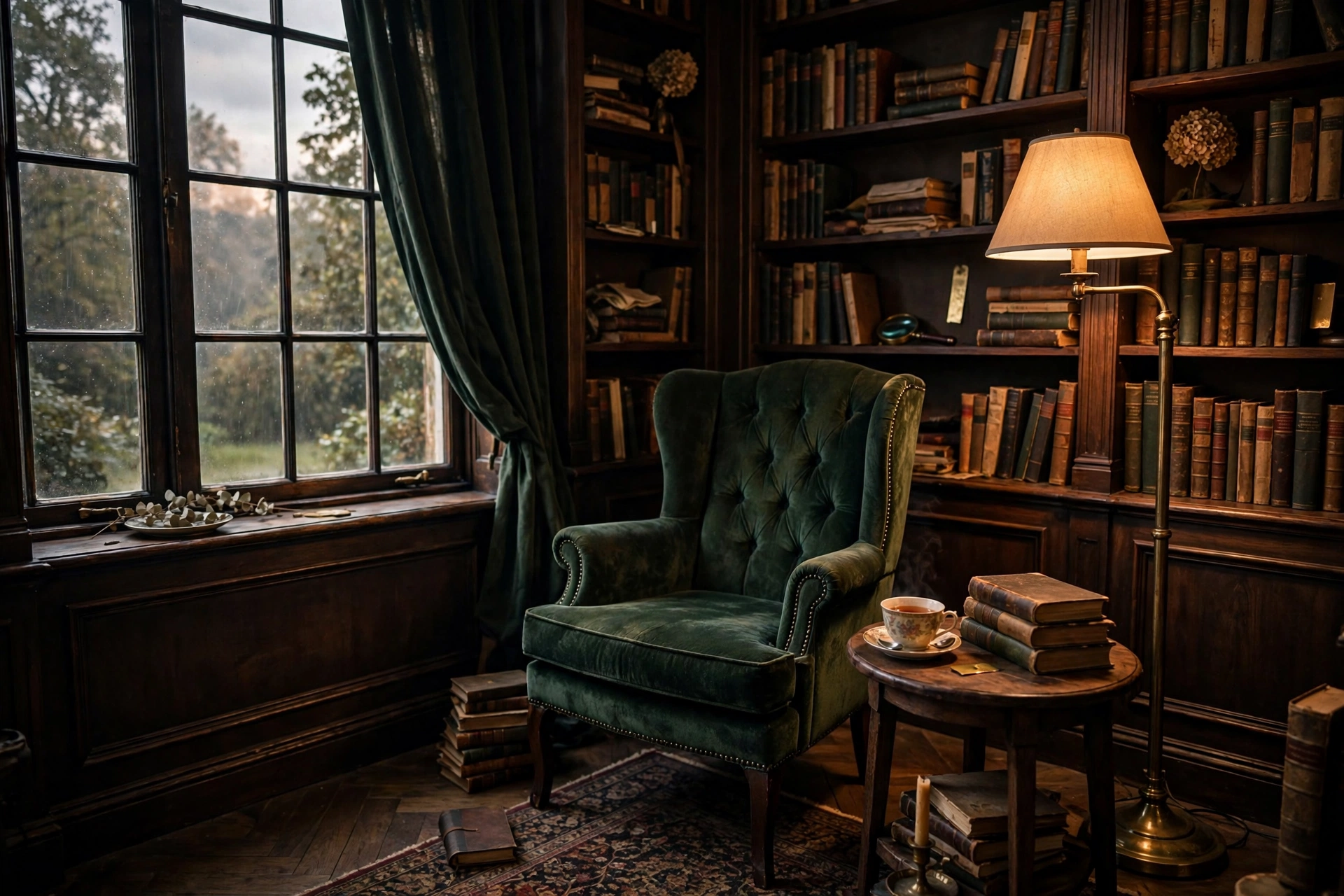 Dark academia living room reading nook with a wingback chair, brass floor lamp, and a stack of books.