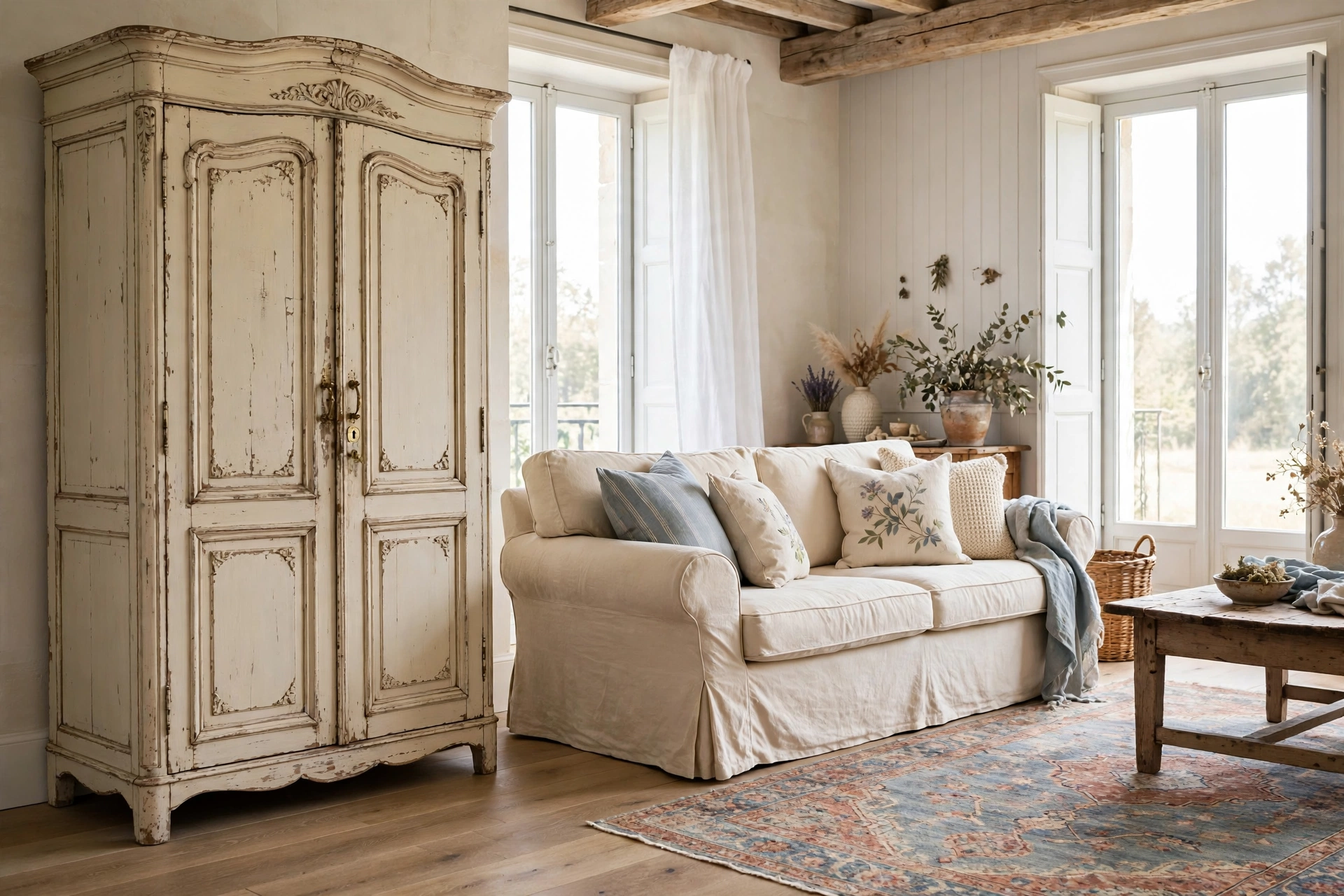 French country living room with a tall distressed cream armoire beside a slipcovered sofa and vintage rug.