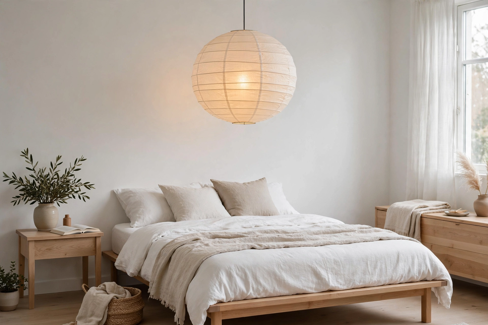 Glowing round paper lantern pendant above a low Scandinavian platform bed