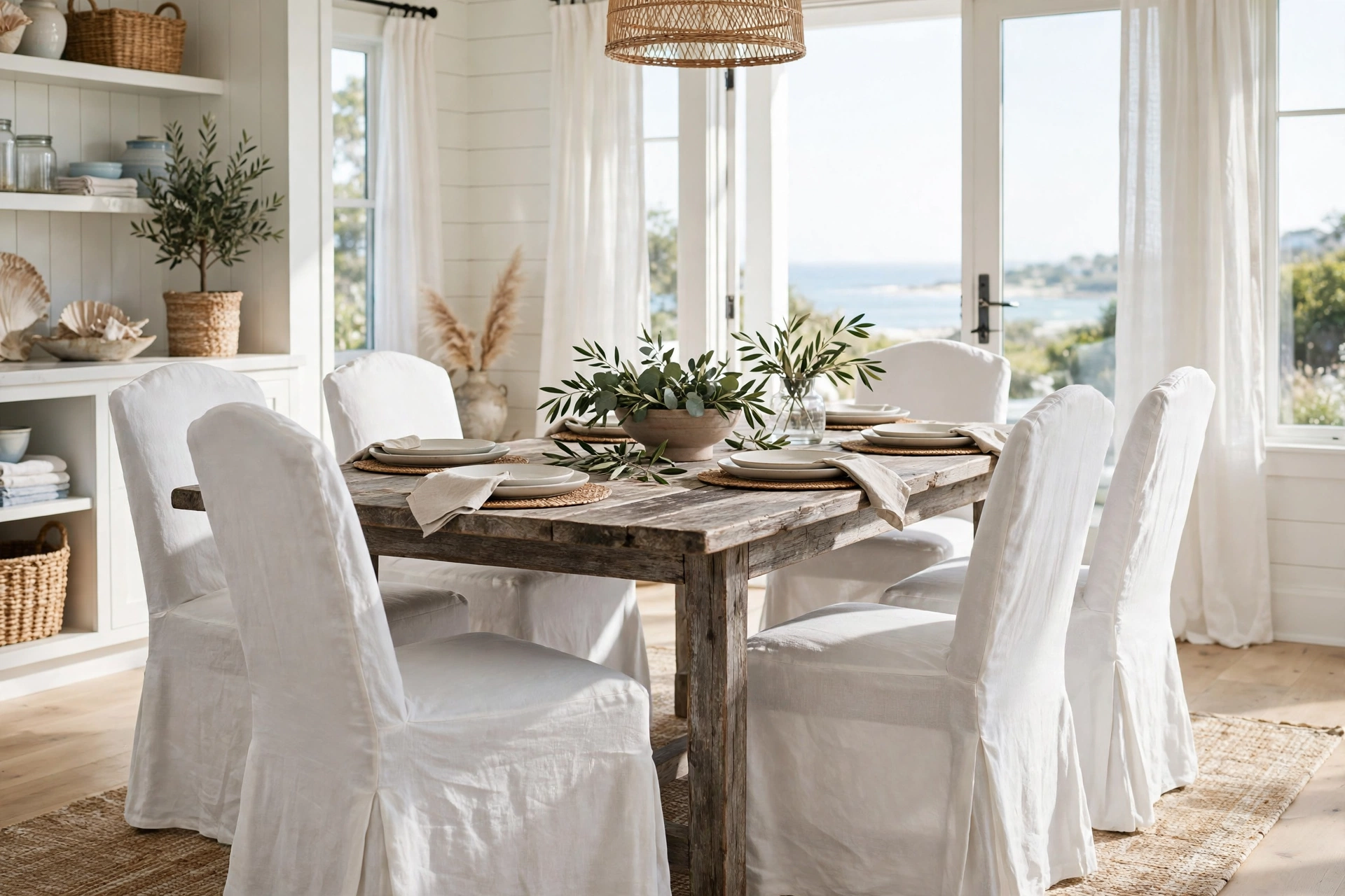 Coastal dining room ideas with white linen slipcovered dining chairs around a weathered wood table.
