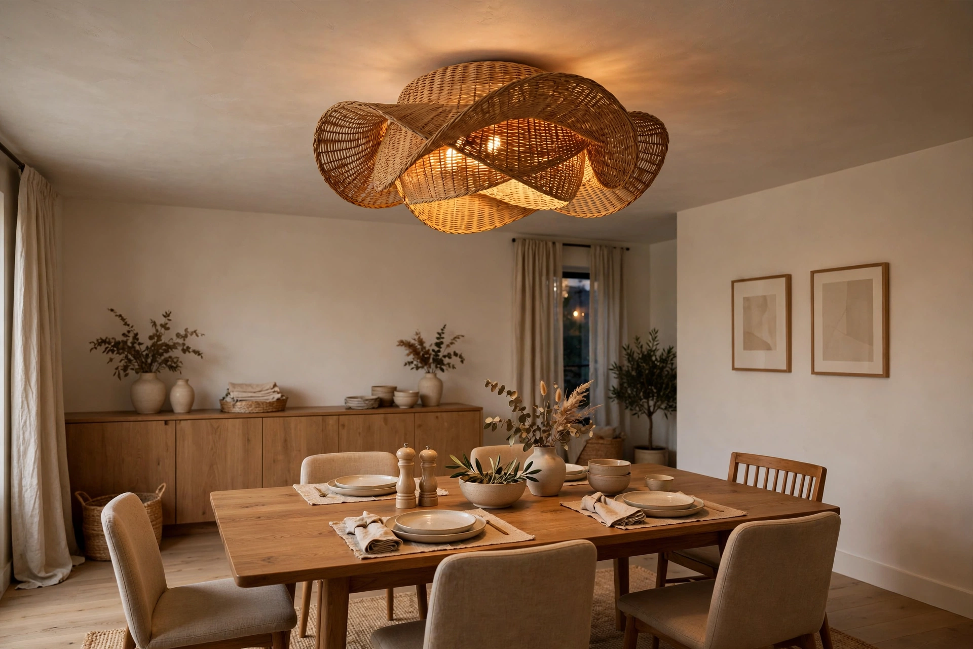 Dining room lighting ideas with a sculptural semi-flush mount light on a low ceiling over a dining table.