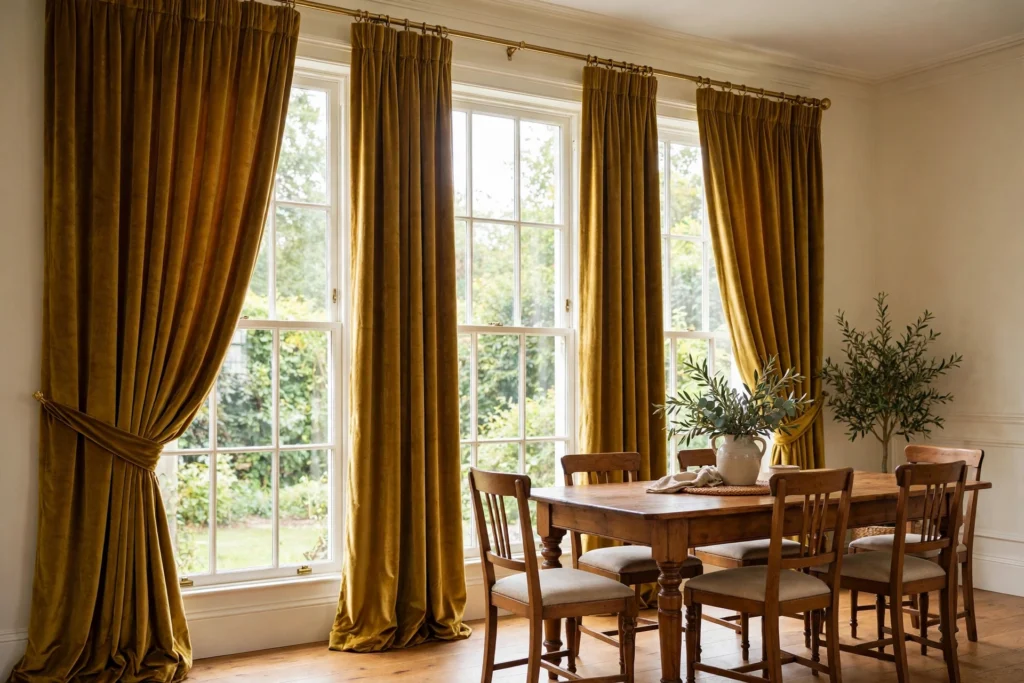 Floor-length velvet drapes in deep gold framing tall dining room windows beside a traditional wood table.