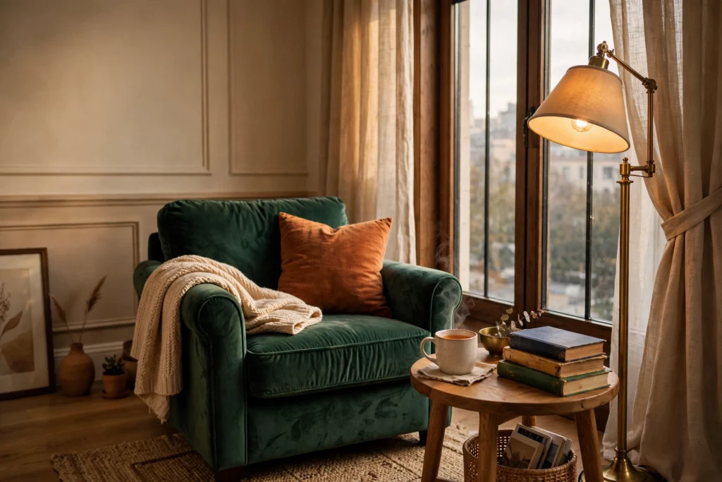 Cozy reading nook with a velvet armchair, brass floor lamp, small side table with tea and books by a tall window.
