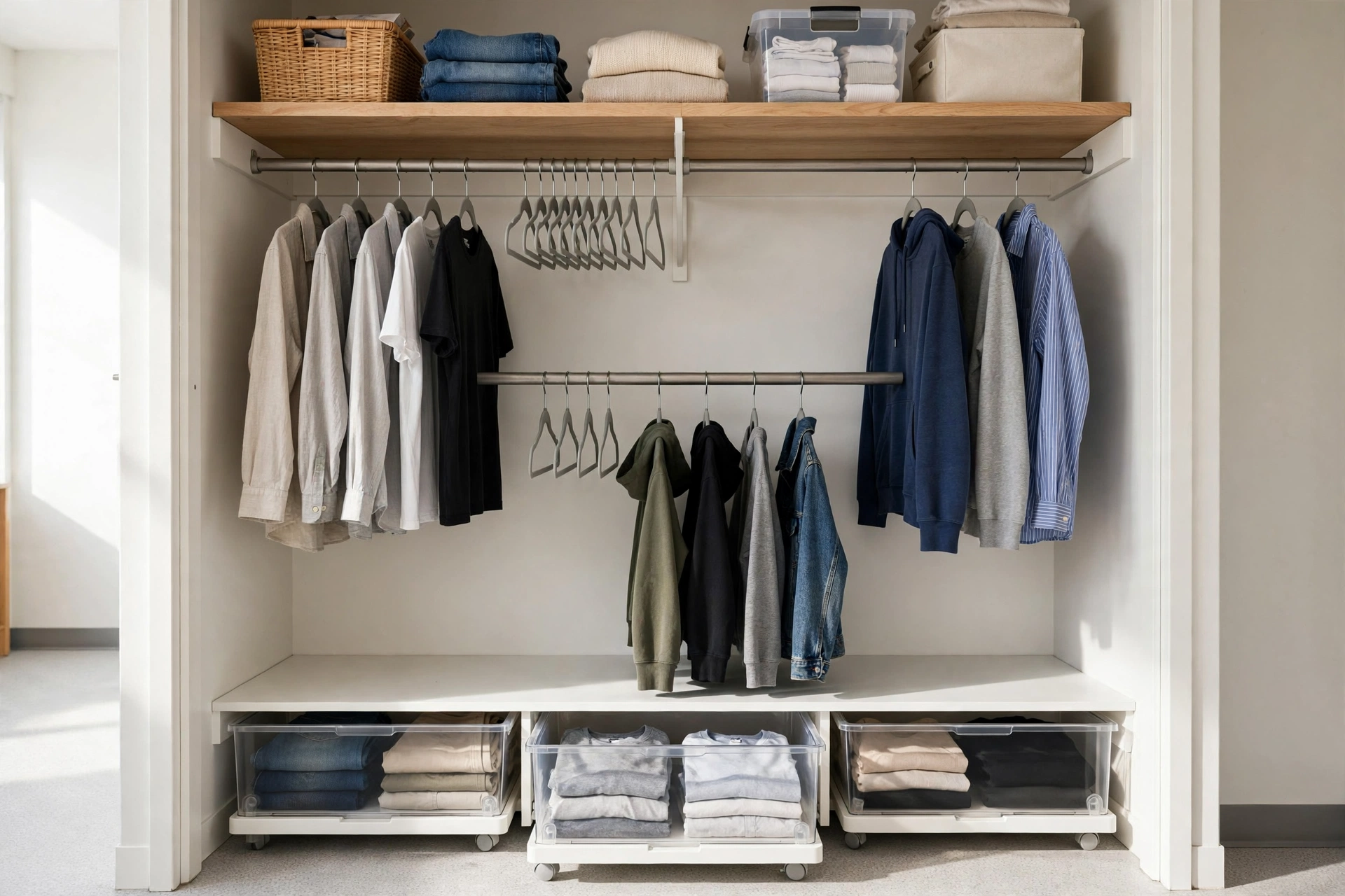 Organized dorm closet with double hanging rods, slim hangers, and rolling under-bed storage drawers.