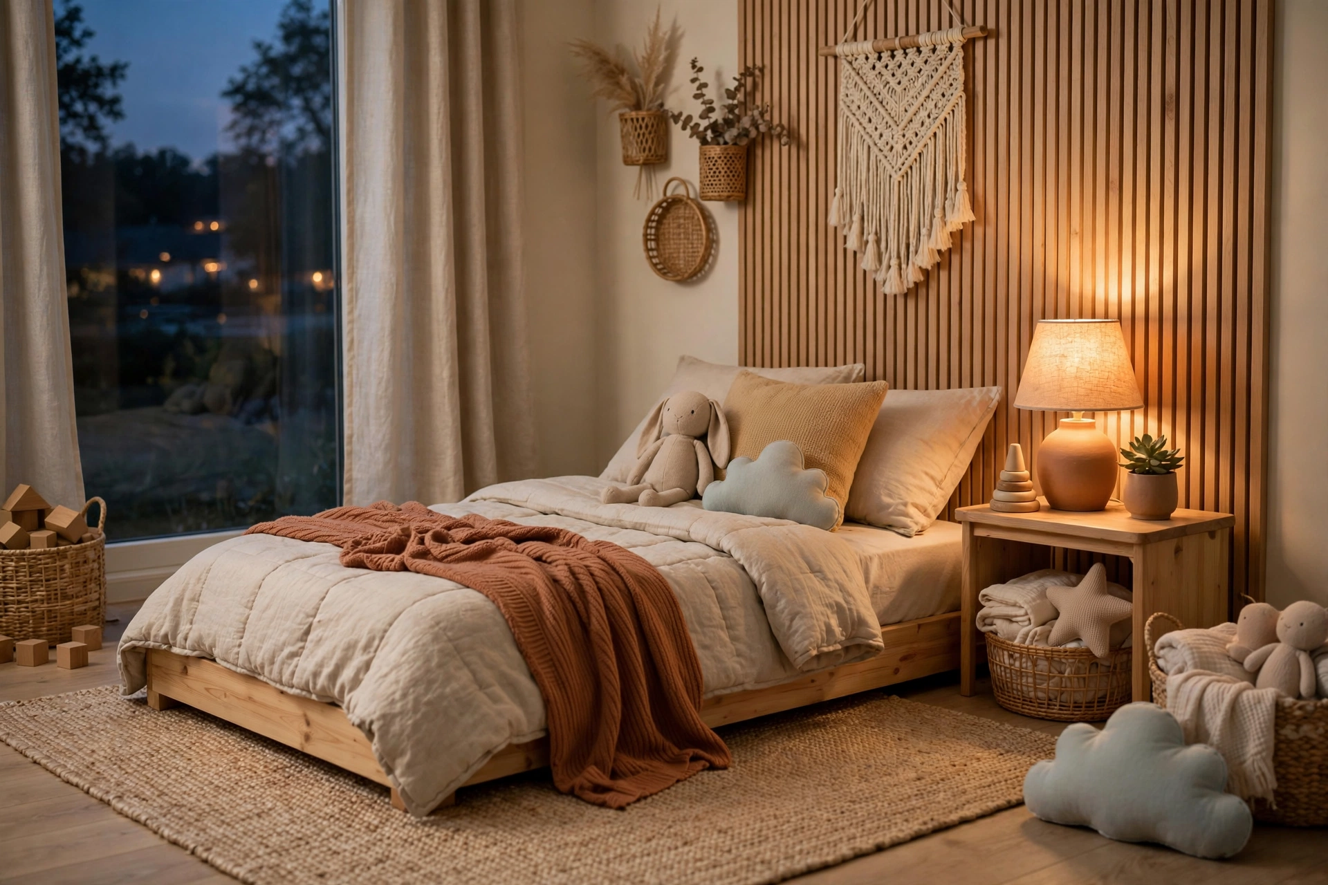 Toddler bedroom with a low touch lamp glowing warmly on a small nightstand beside a floor bed.