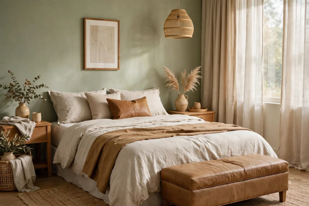 Sage bedroom styled with camel leather accents, oatmeal linen bedding, and warm beige tones in soft light.