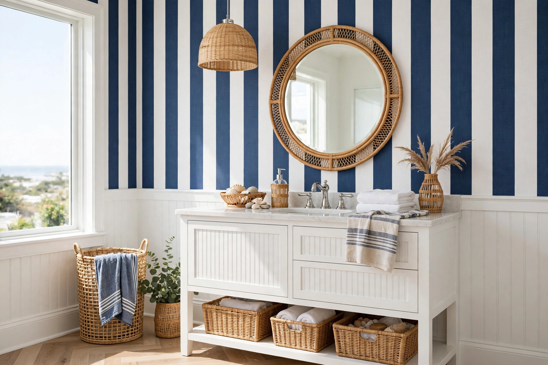 Nautical striped bathroom wallpaper with wide navy and white stripes and a white beadboard vanity.