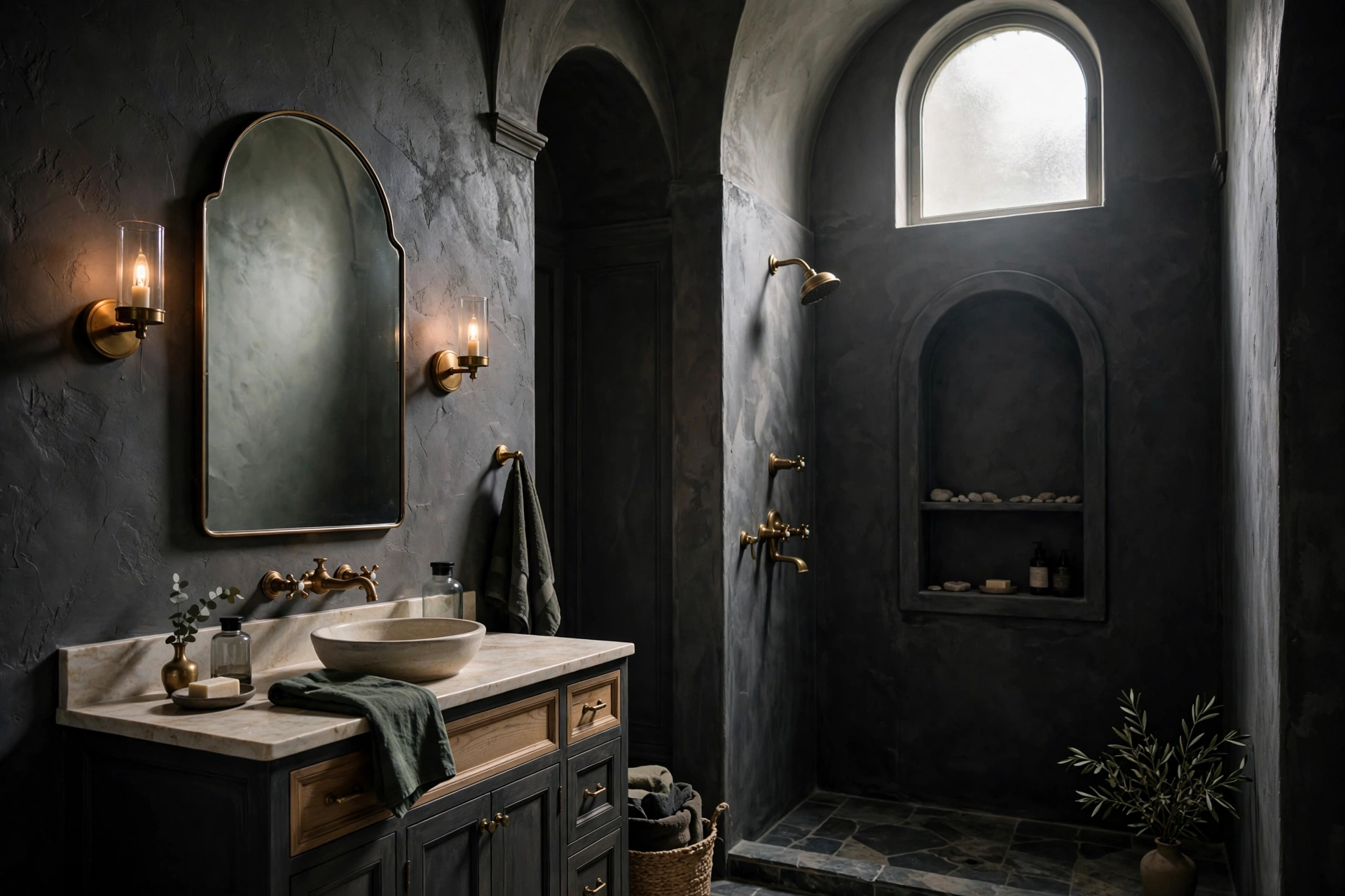 Moody bathroom with an arched mirror and arched shower niche in dark plaster with brass details.