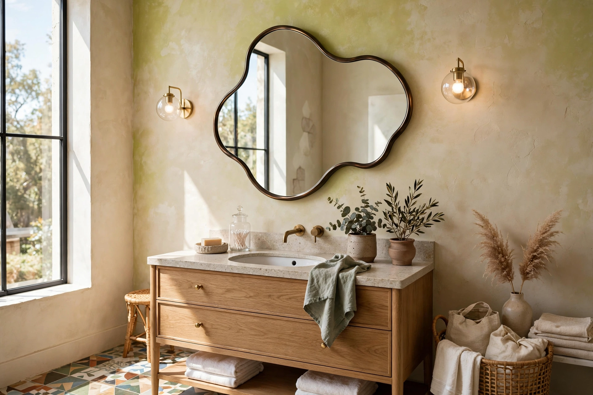 Asymmetrical organic blob-shaped bathroom mirror as sculptural wall art above a modern vanity.