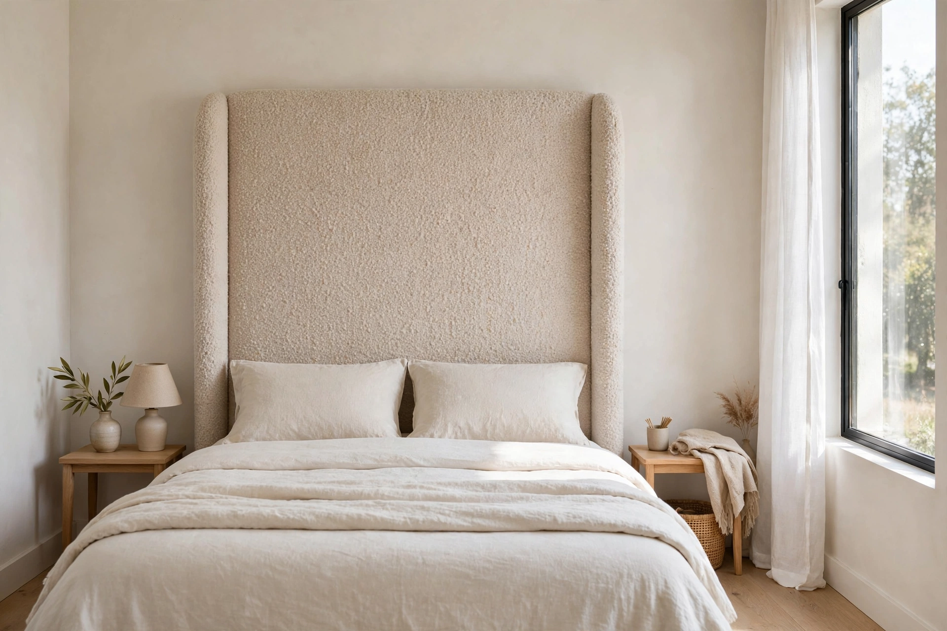 Tall upholstered boucle headboard as focal point in a small bedroom