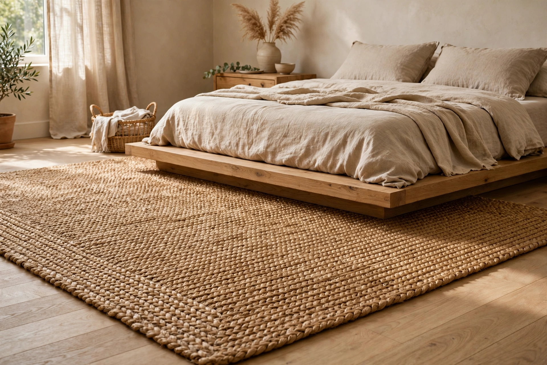 Natural jute tatami-style rug beside low bed in Japandi bedroom