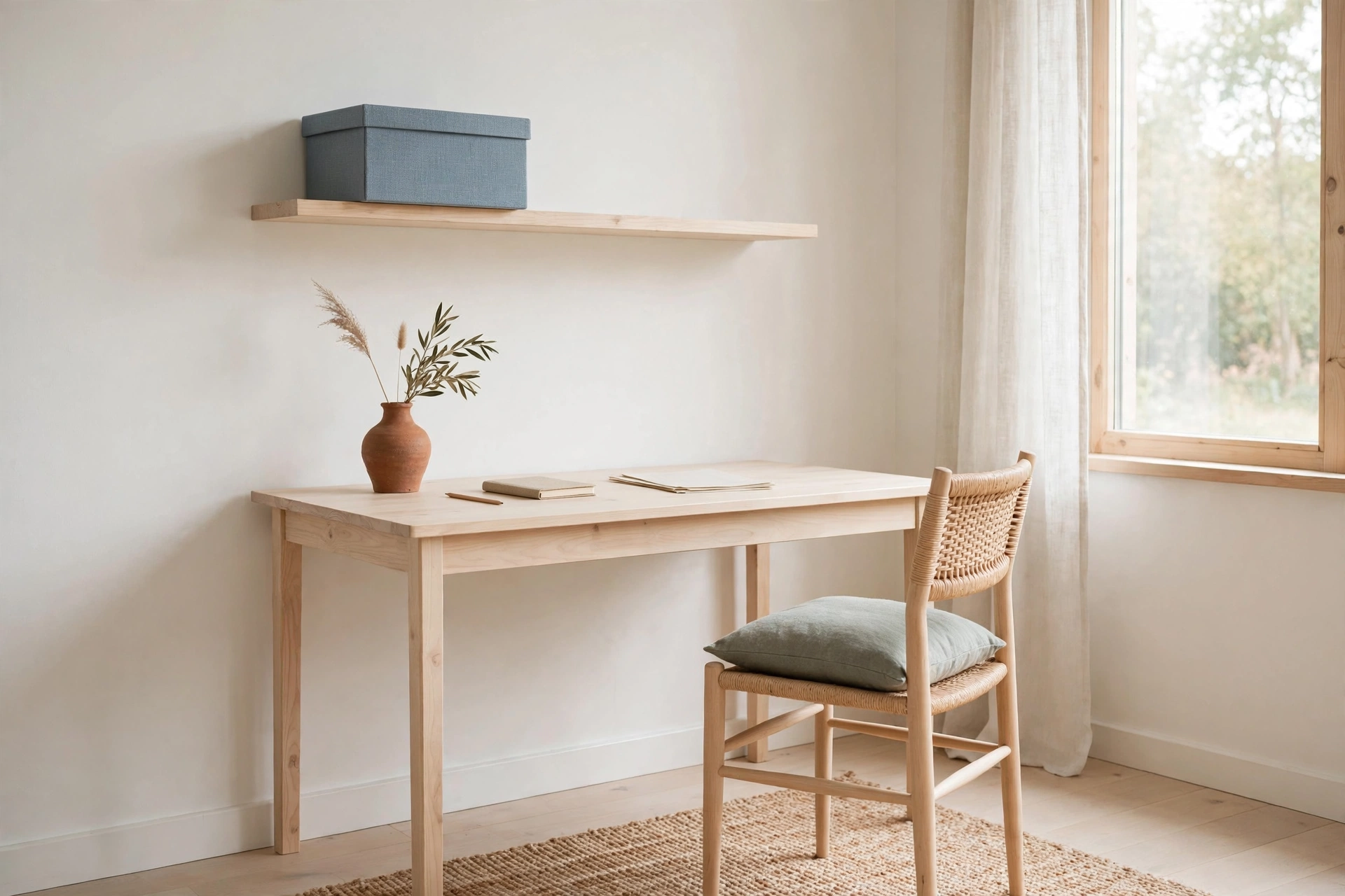 Scandinavian home office in warm whites with sage green cushion and dusty blue storage box
