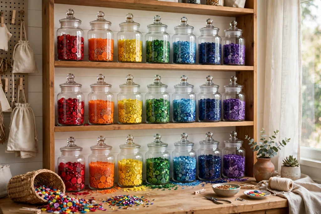 Clear glass jars of buttons, beads, and sequins arranged rainbow-style on open craft room shelves.
