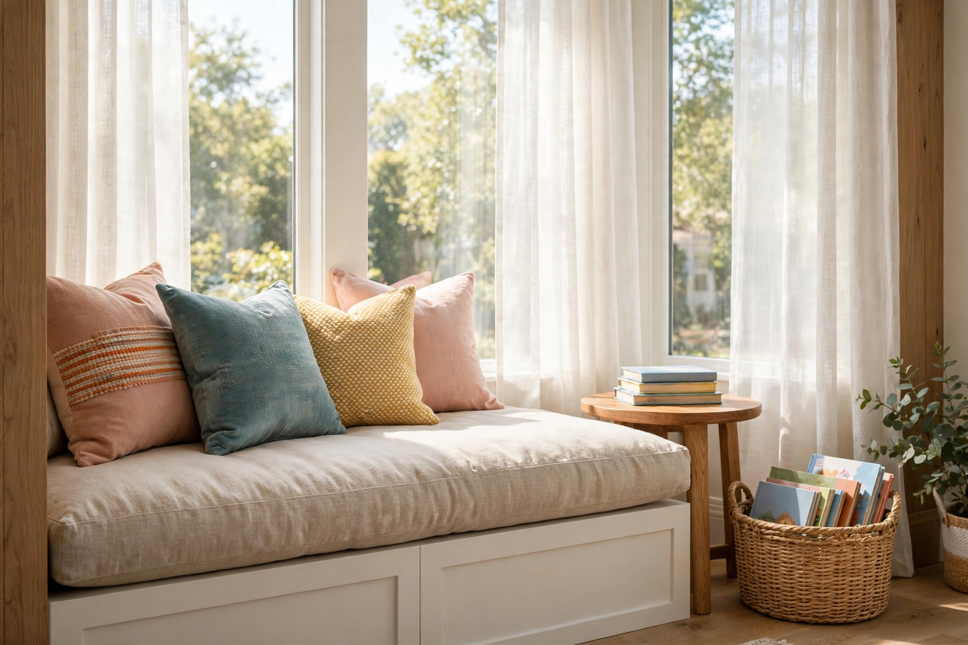 A homeschool room window seat with thick cushions, pillows, and a basket of books beside it.