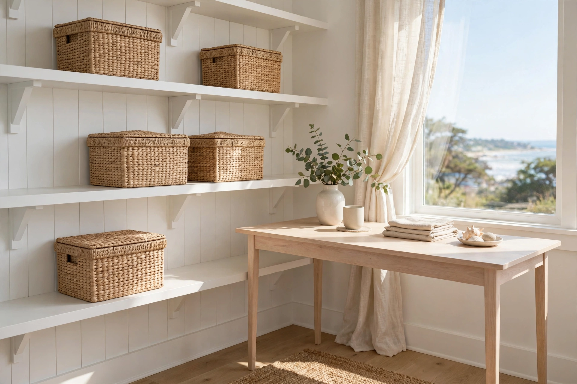 A coastal home office with woven seagrass storage baskets on open shelves beside the desk.