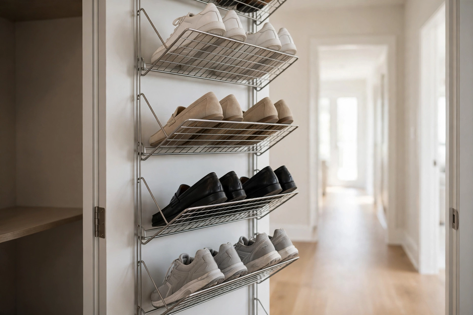 An entryway shoe storage wall of slim tilted racks mounted on the inside of a closet door.