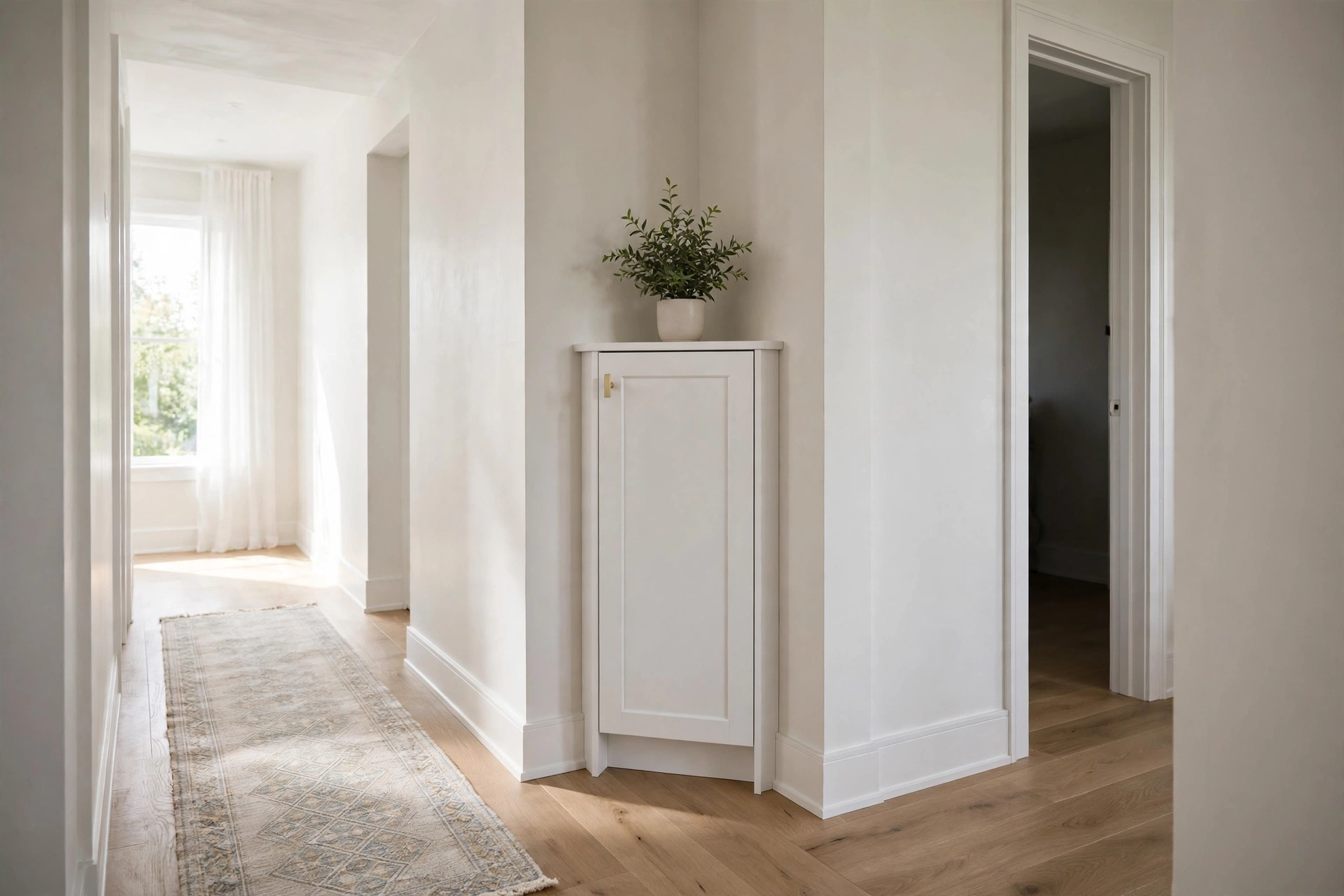 A hallway storage corner cabinet tucked into an L-turn holding cleaning supplies.