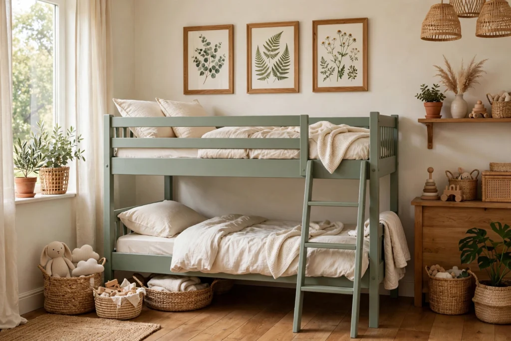 A bunk bed room with sage-green bunk frames paired with cream bedding and botanical prints.