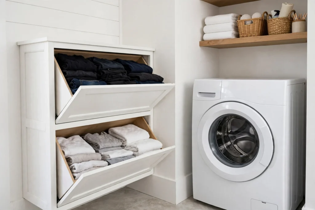Laundry closet ideas featuring a tilt-out hamper cabinet with sorted laundry bins beside the washing machine.