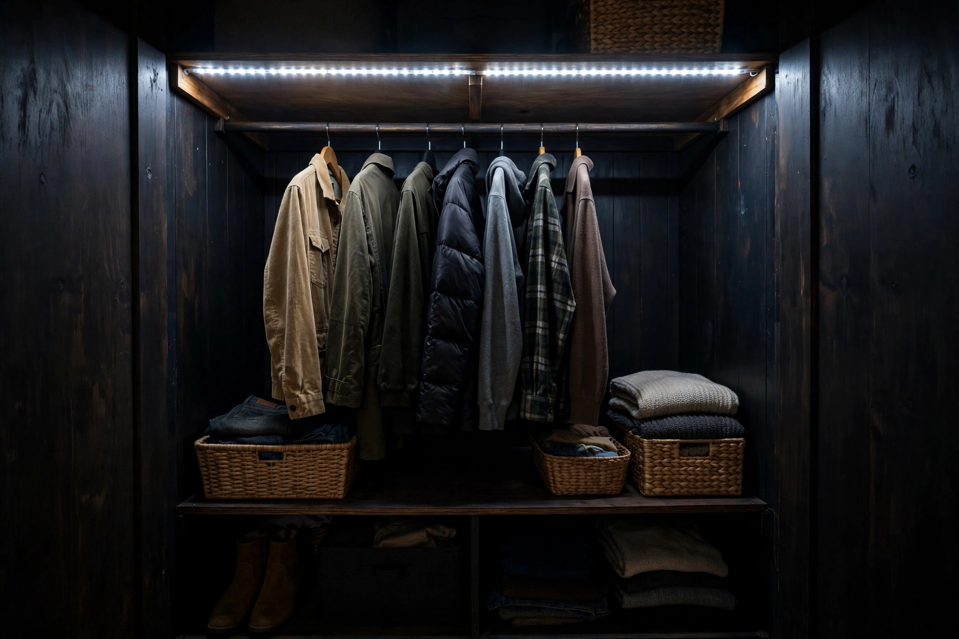Reach-in closet ideas illuminated by motion-sensor LED strip lights along the top shelf of a dark closet.