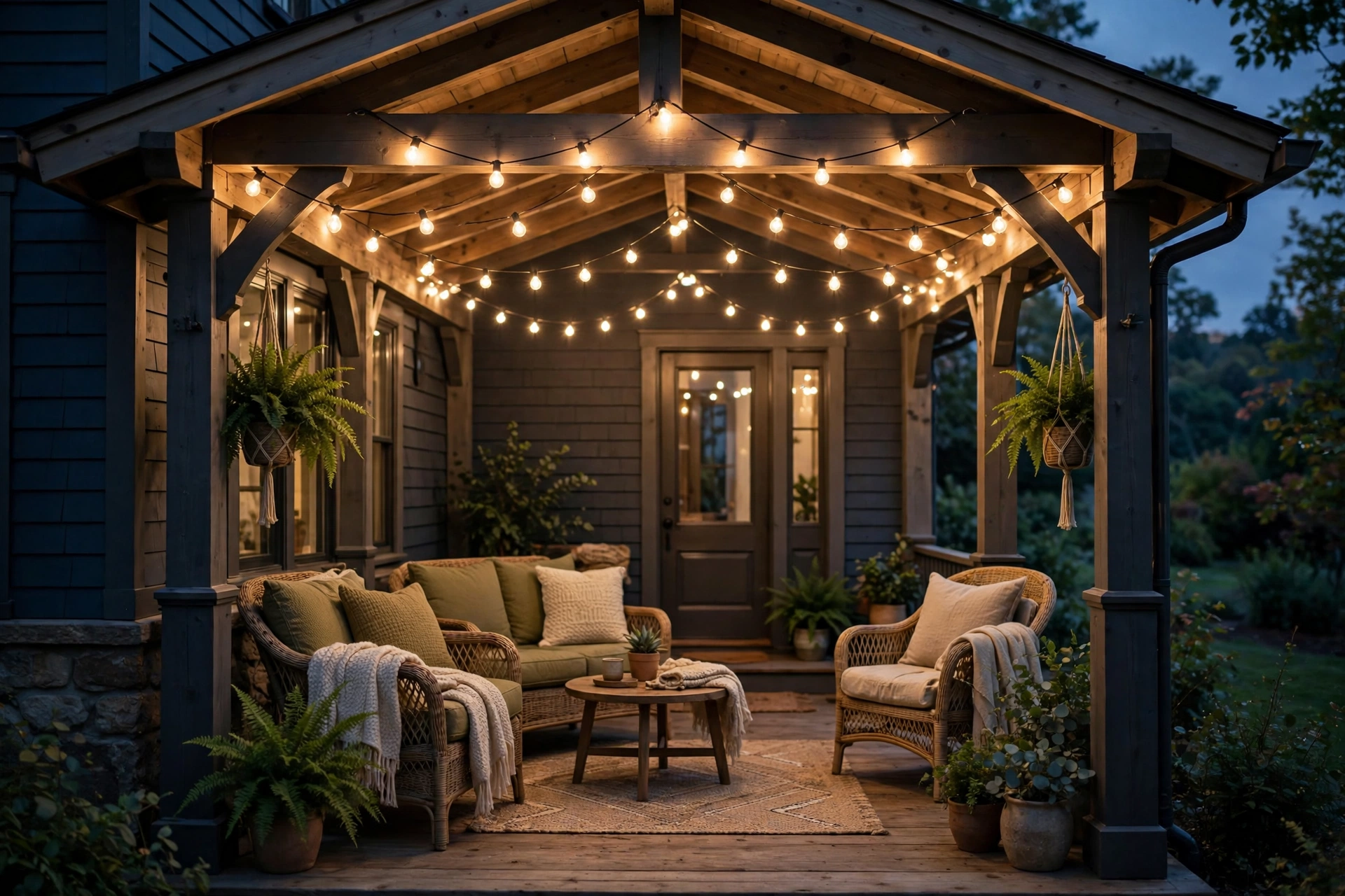 Front porch decorating ideas with warm globe string lights swagged across a covered porch ceiling at dusk.