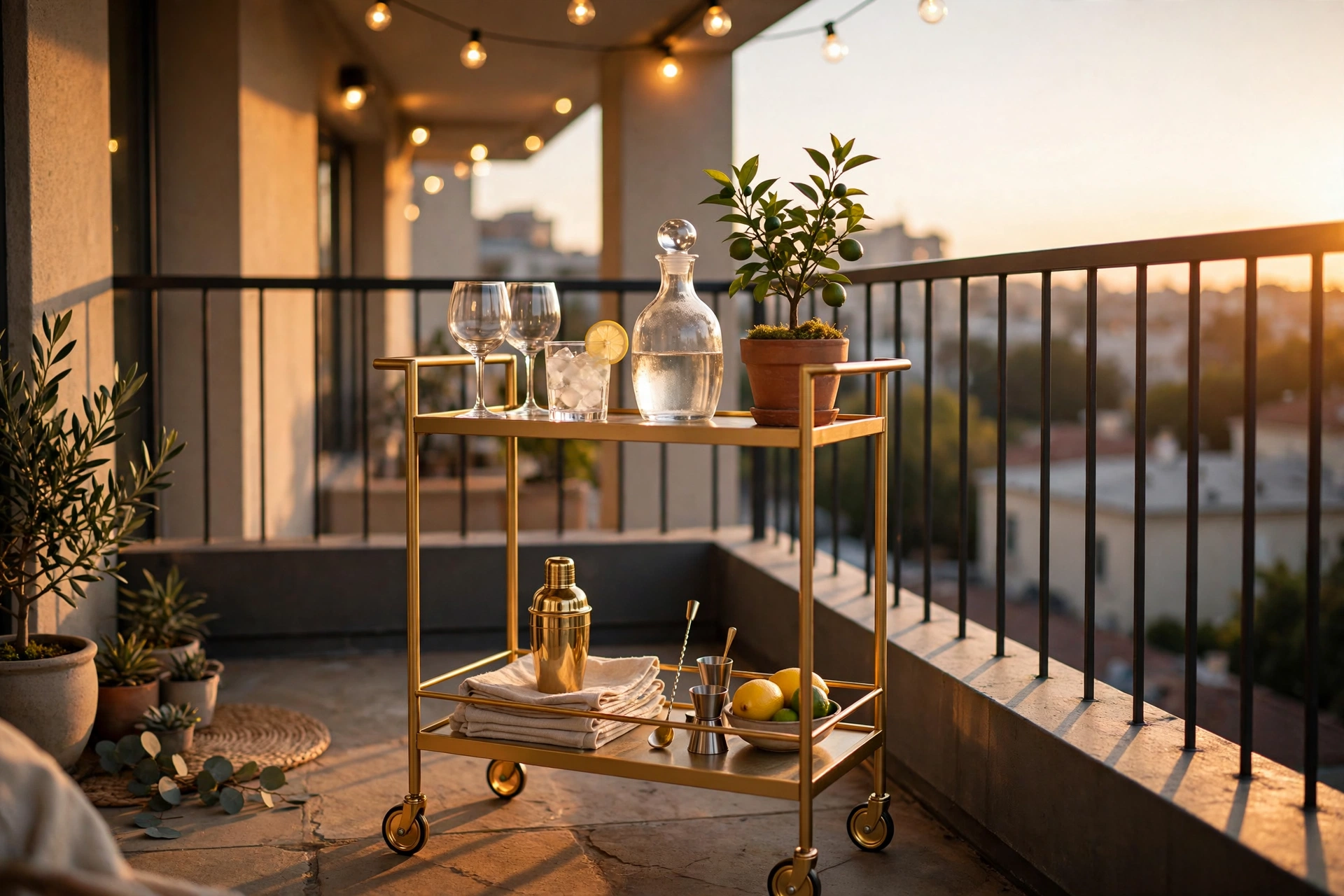 Balcony decor ideas with a slim bar cart styled with glasses, a carafe, and a potted citrus plant.