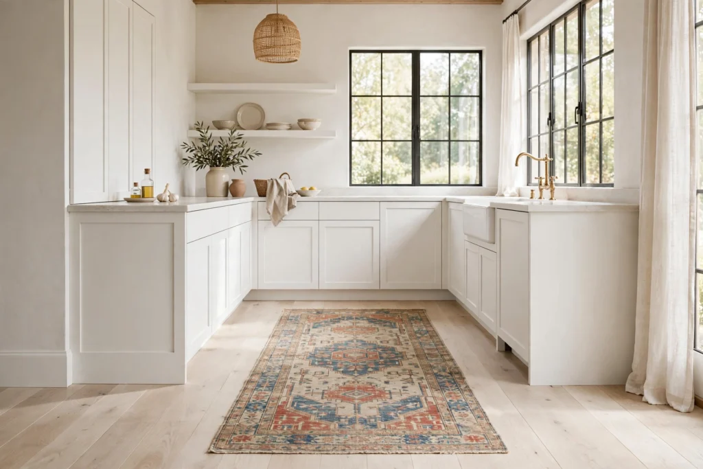 Wide-plank white oak floors with a vintage runner in a bright farmhouse kitchen