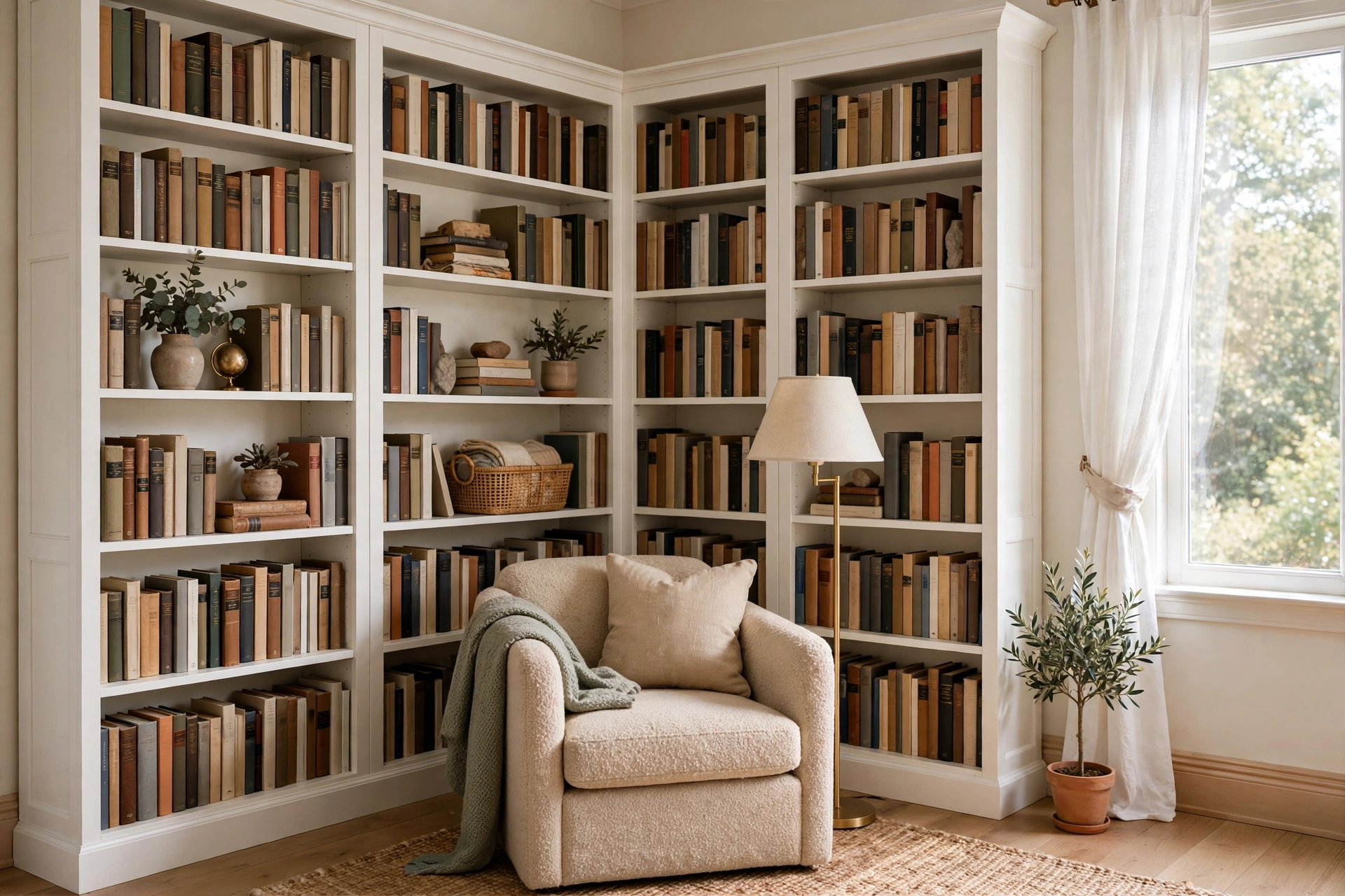 Home library design ideas showing a cozy corner library with two tall bookcases and a reading chair.