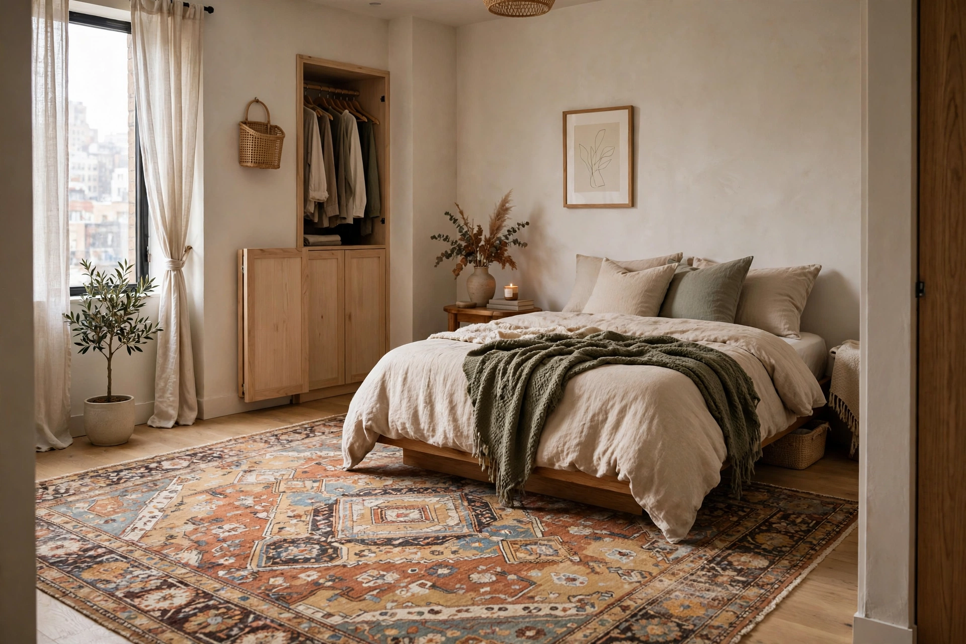 Large area rug grounding a small stylish apartment bedroom