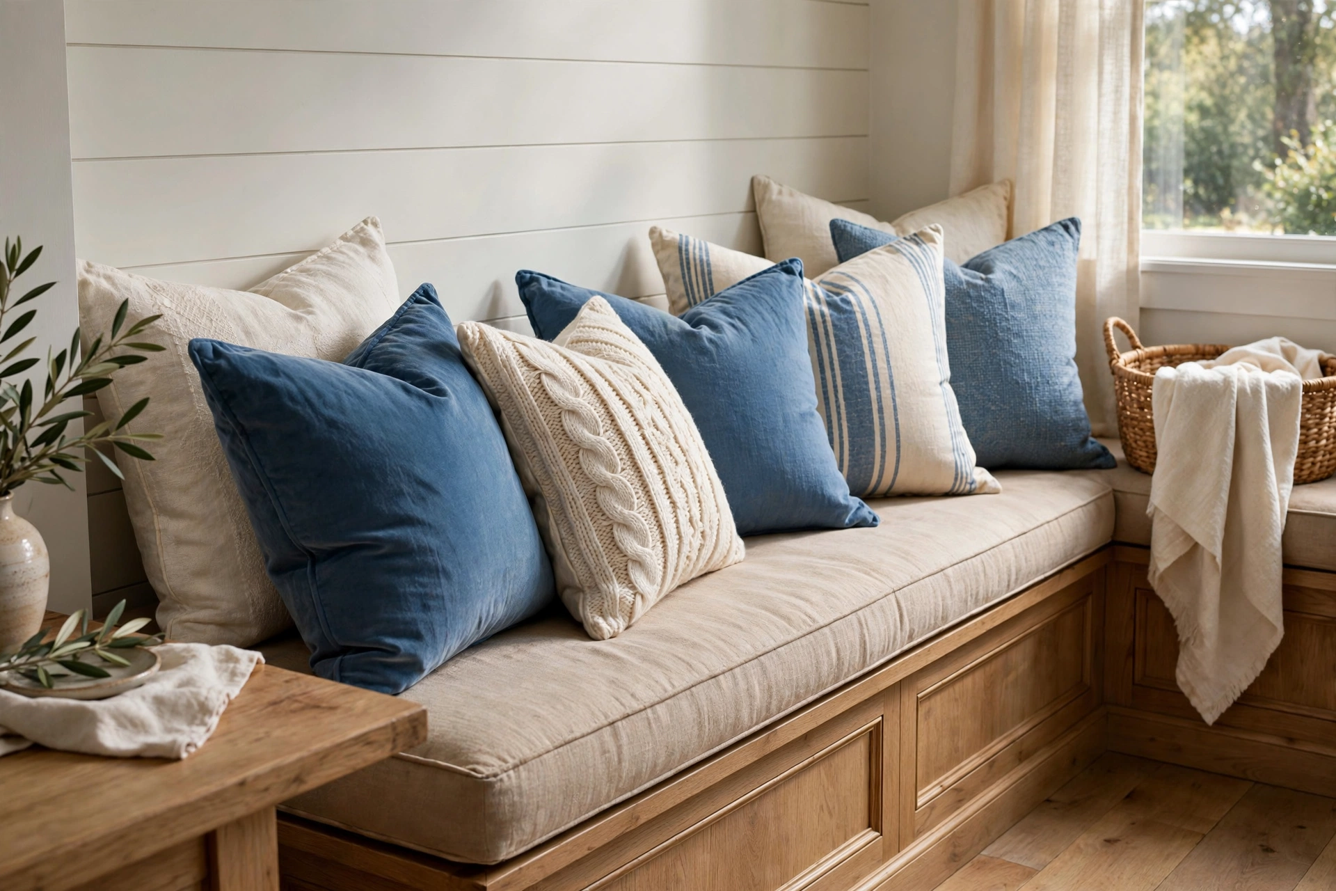Layered throw pillows in blue and cream on banquette bench