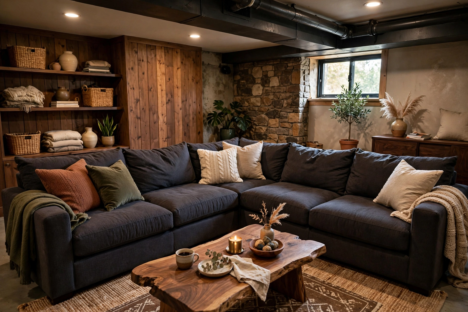 Deep U-shaped sectional sofa anchoring a cozy basement living room seating area