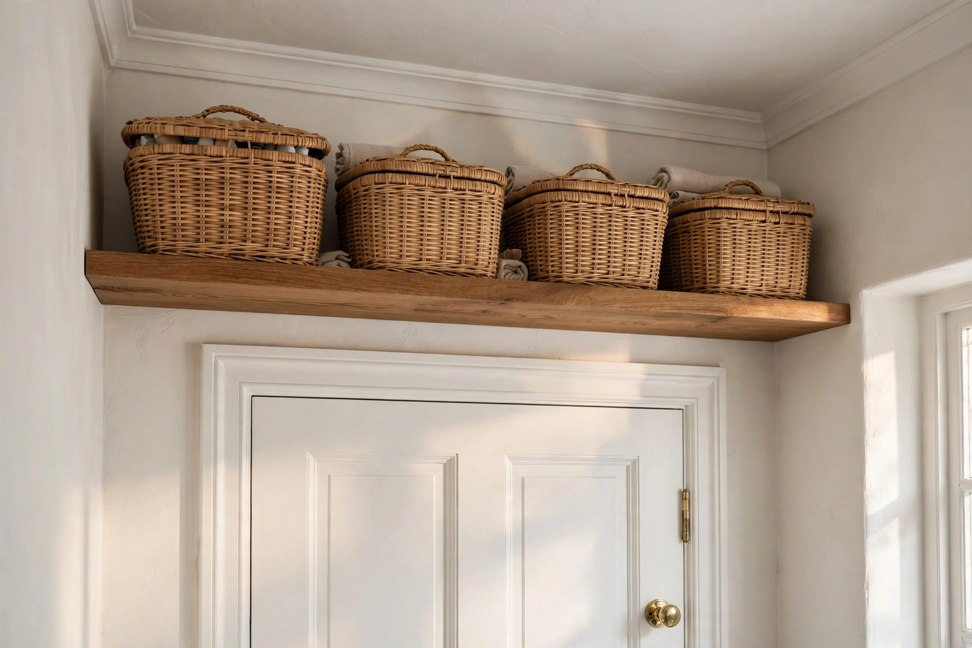 High shelf above bathroom door with lidded baskets storing extra supplies