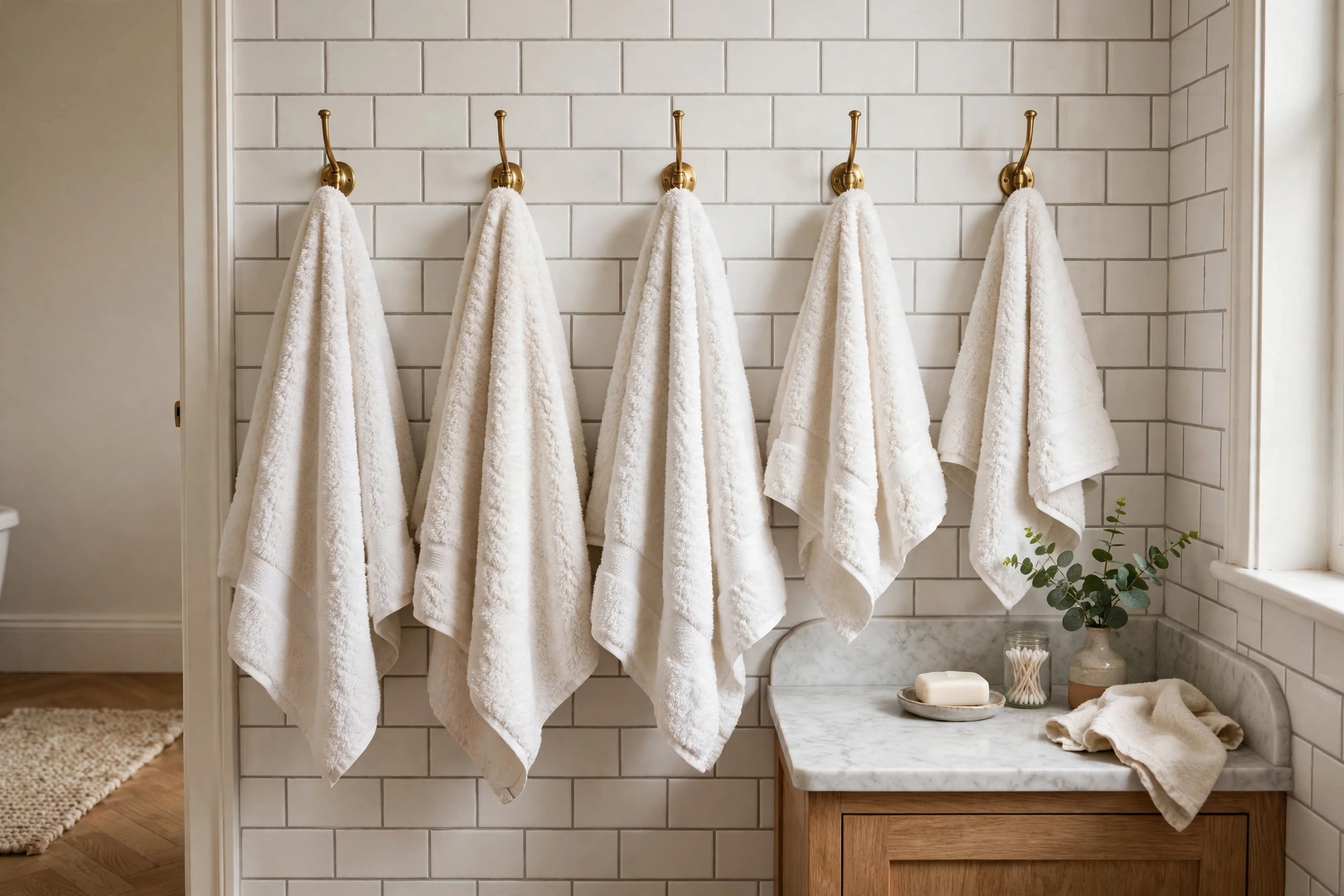 Row of brass wall hooks holding fluffy towels in small bathroom