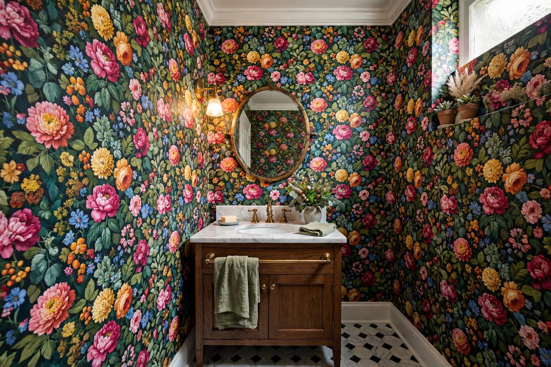 Dense colorful maximalist floral wallpaper covering powder room walls
