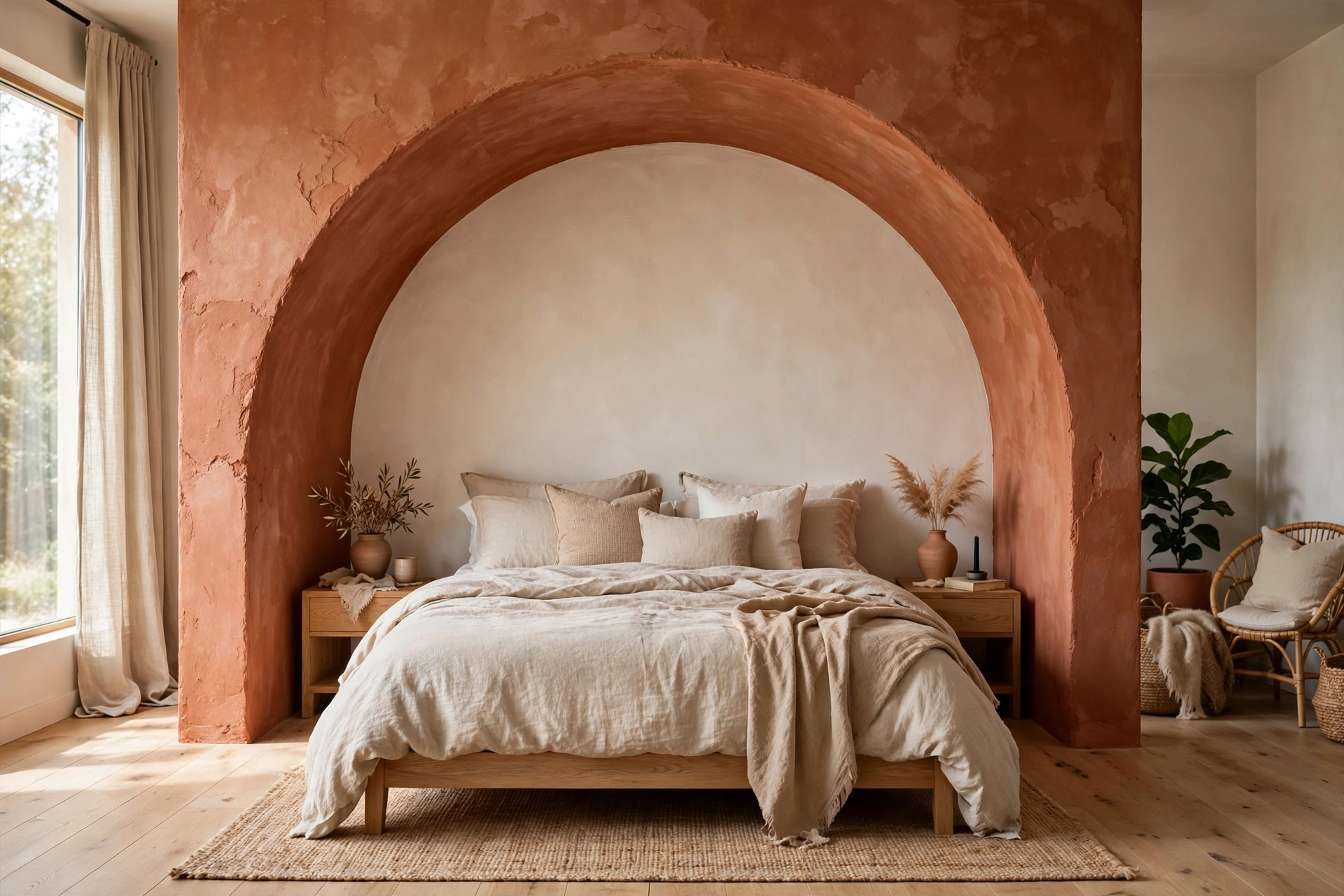 Painted terracotta arch framing the bed as a modern accent wall feature