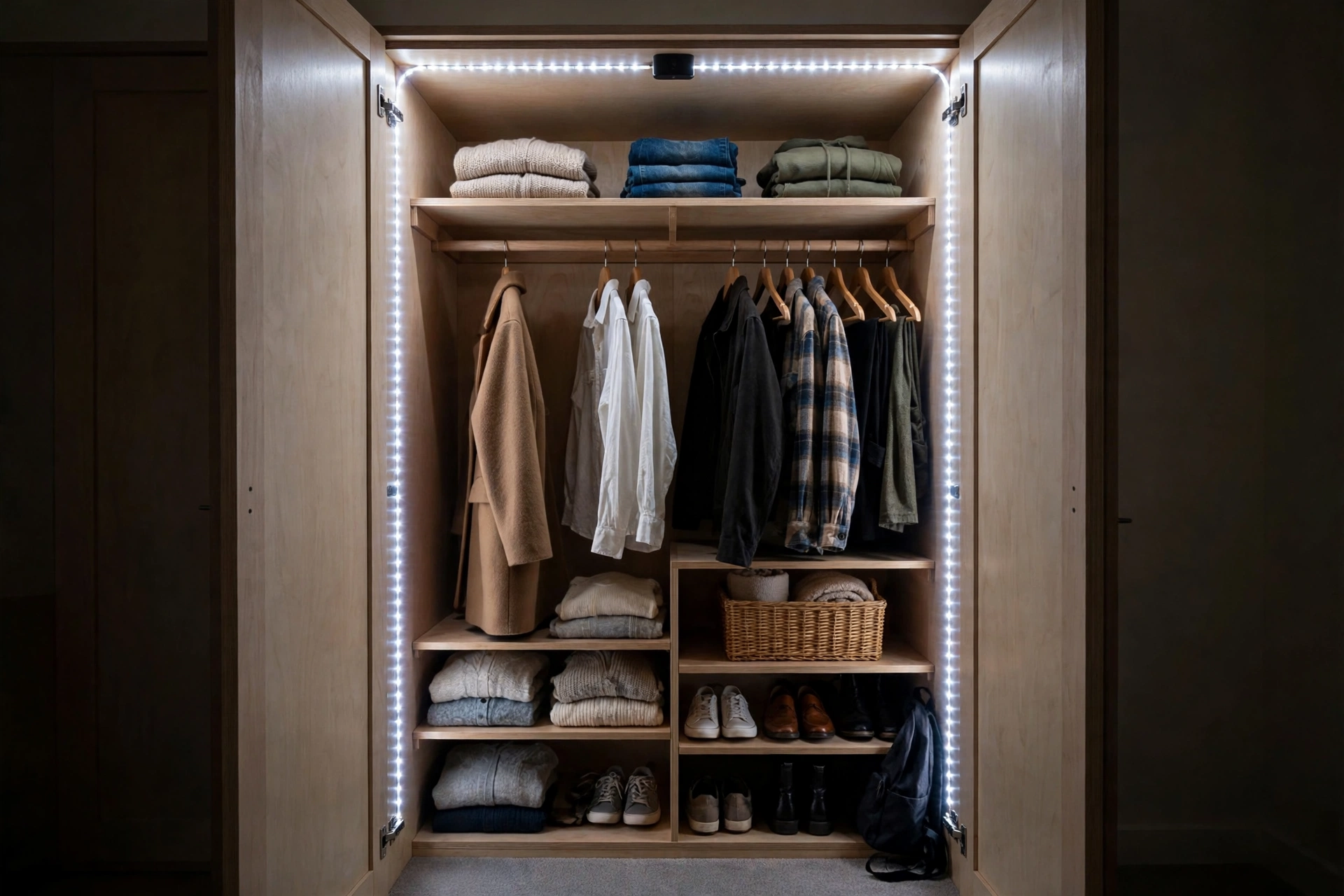 Motion-sensor LED strips illuminating the inside of a bedroom closet