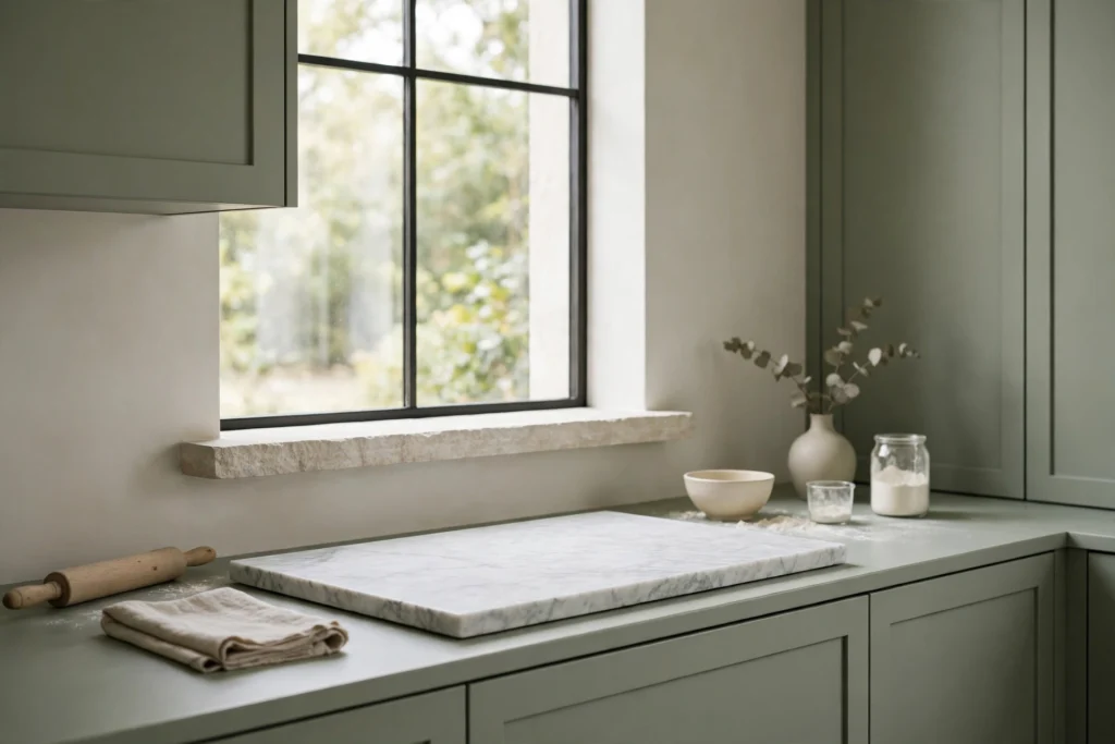 Honed limestone windowsill and marble pastry slab in a sage green kitchen
