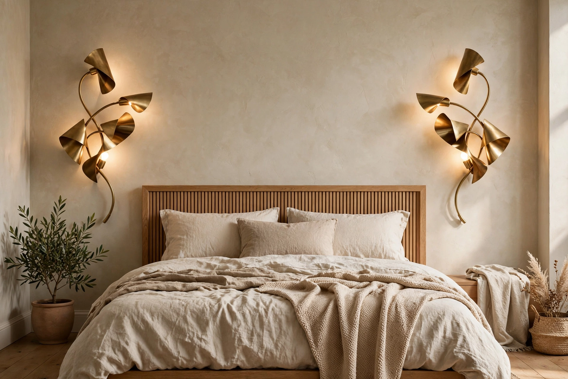 Sculptural brass sconces framing the bed as functional wall decor