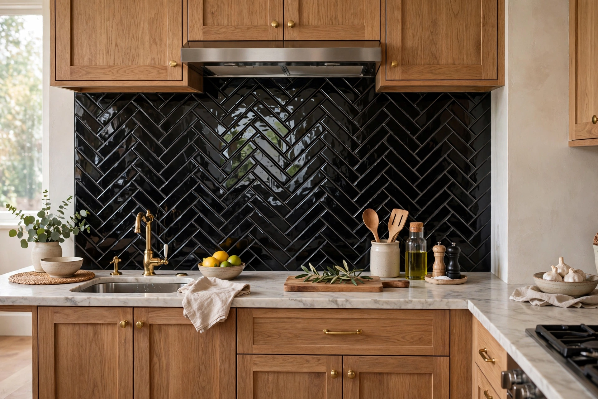 Glossy black subway tile backsplash in herringbone kitchen pattern