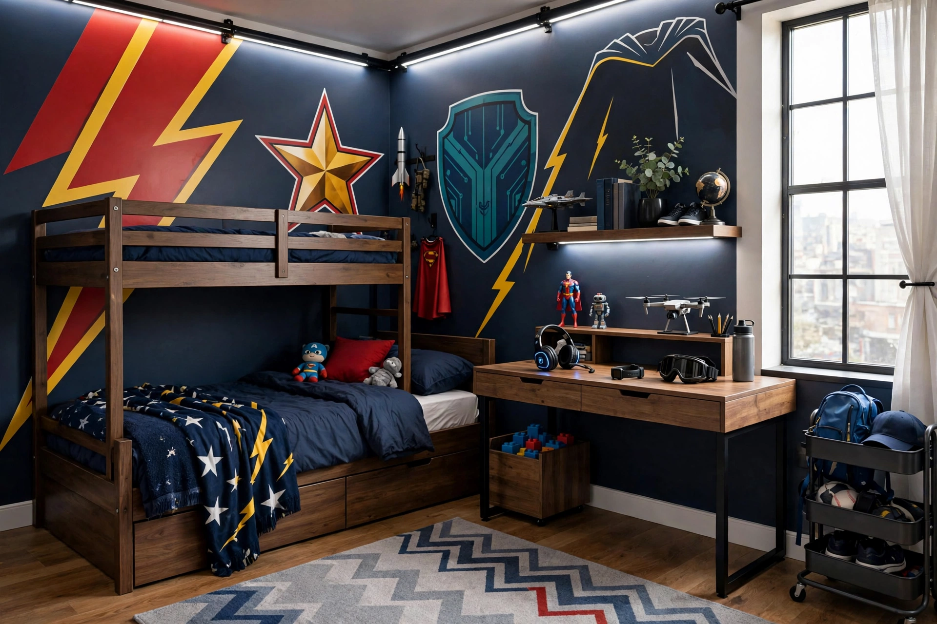 Superhero headquarters boys bedroom with bold wall decals decor