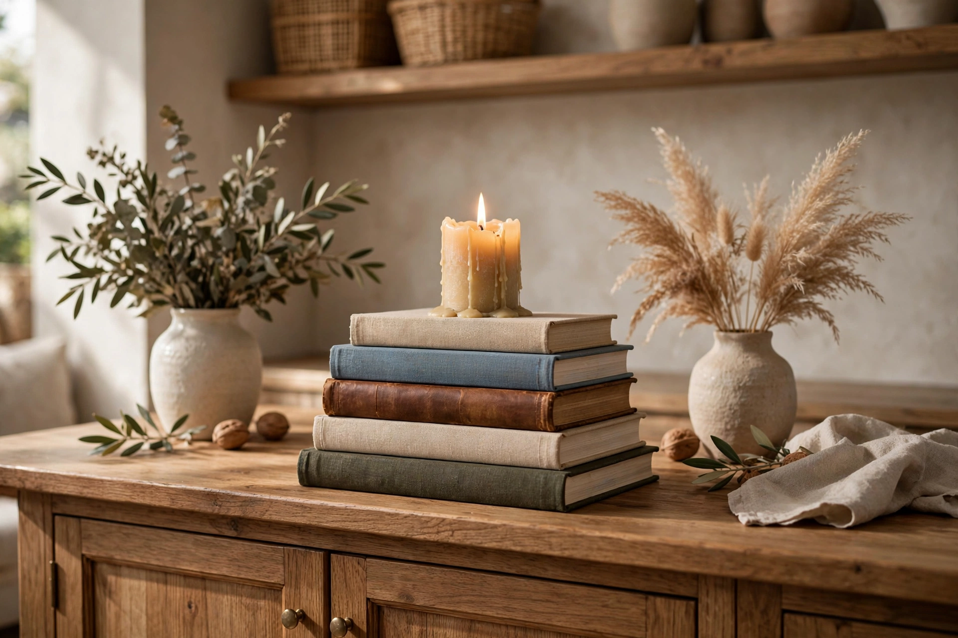 Stack of books with candle on top styling buffet center