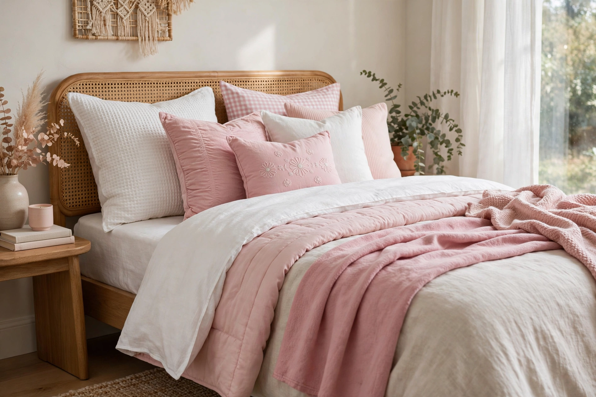 Layered pink and white bedding with throw pillows on girls bed
